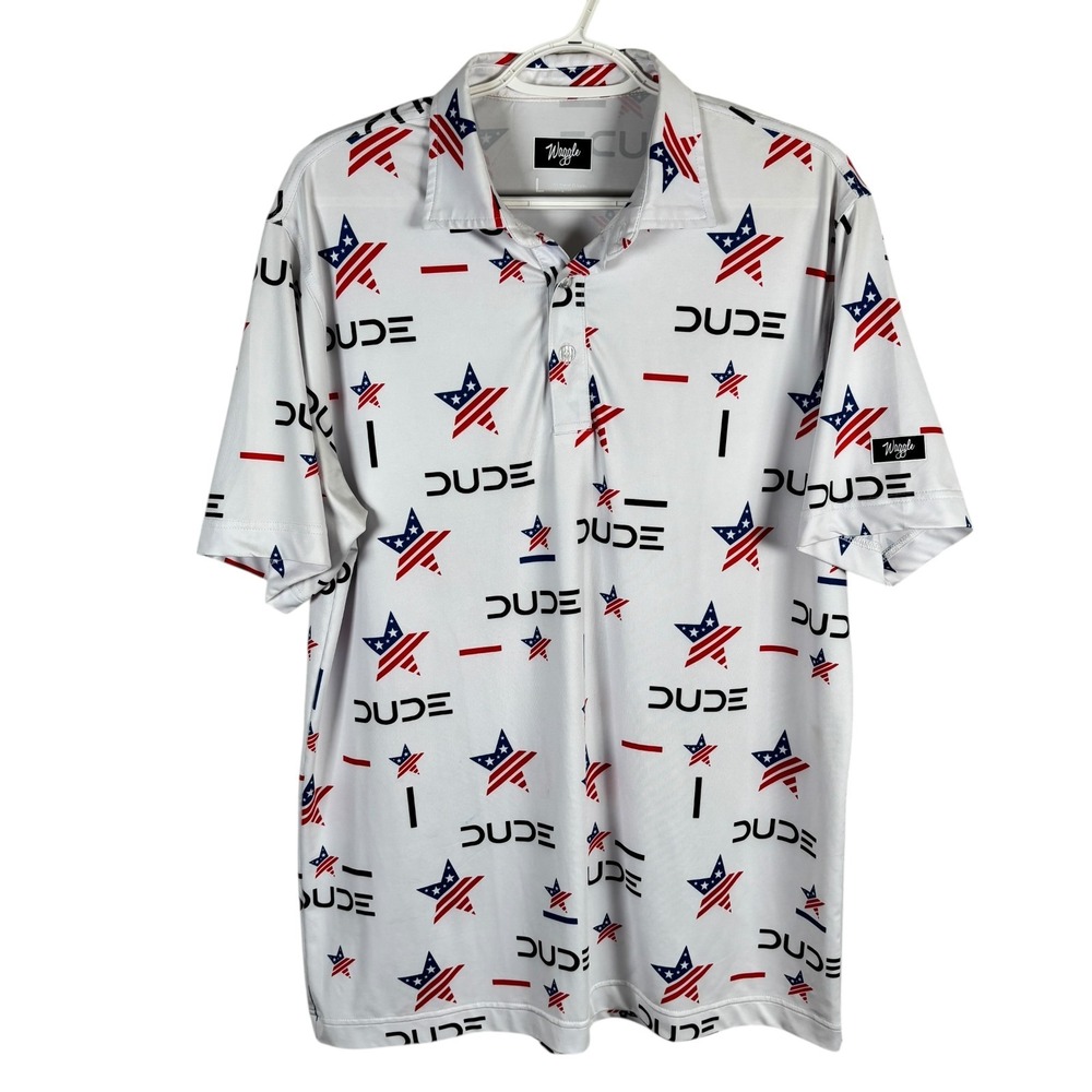 Waggle Performance Golf Polo‎ Shirt Dude Wipes USA Stars Mens L Stretch S/S read - Picture 2 of 10